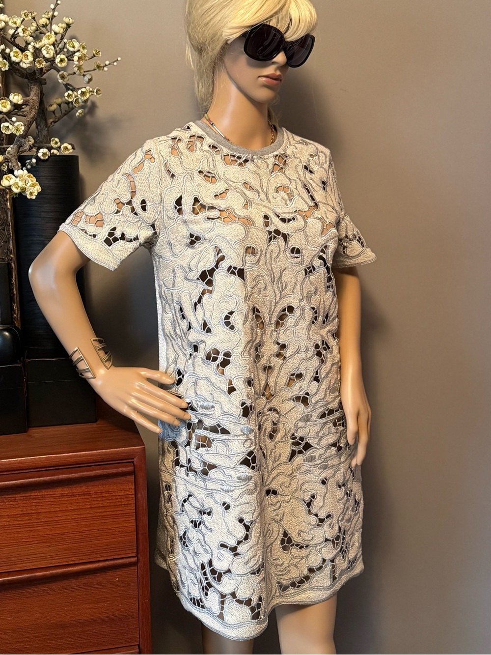Italian Intricate Silver Cutout Mini Dress